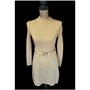 Free People gold shiny knit midi dress with belt and long sleeves, size xs